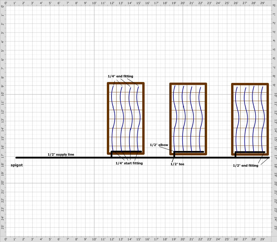 Garden Plan - square foot gardening framed beds w/ 1/4" soaker dripline